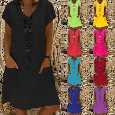 Robe décontractée en coton et lin pour femmes, couleur unie, manches courtes, col en v, poches