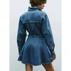 Spring New Women's Clothing Minimalist Easiest for Match Cotton Plaid Denim Lapel Mini Dress 8197083