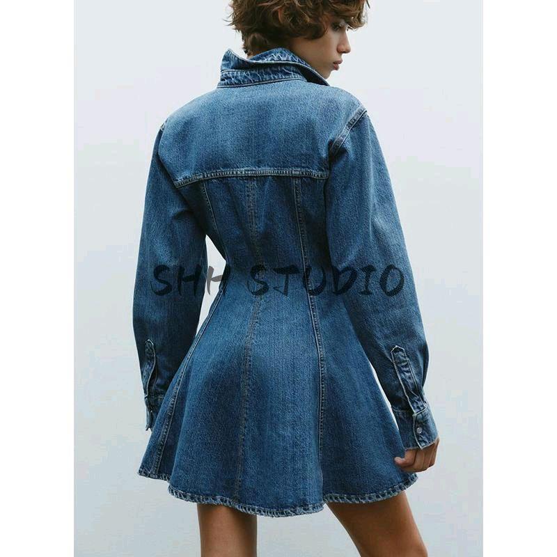 Spring New Women's Clothing Minimalist Easiest for Match Cotton Plaid Denim Lapel Mini Dress 8197083