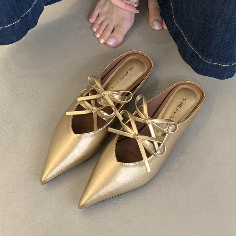 

Fashion Fashion Pointed Toe Women Flats Slippers Slides Summer Beach Mules Female Butterfly-Knot Footwear Ladies Flats Slippers Shoes 38 золотий