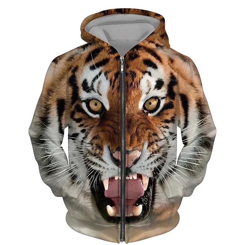 Tiger 3D Print Zip-Up Hoodie Youth Casual Loose Fit Winter Sweatshirt