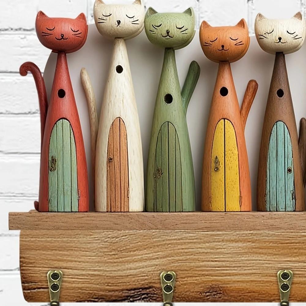 Kleurrijk Kattenpatroon Sleutelhaak Houten Sleutelhangerhouder Handige Wand Sleutelhouder Veranda Decoratie