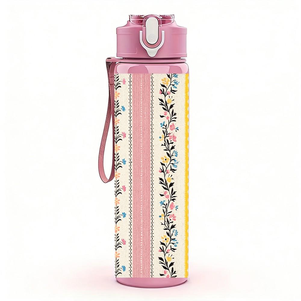 1PC Ethnic Striped Boho Textile Print 750ml Color Plastic Sports Water Bottle Leakproof Flip Straw Lid Suitable for Sports Office Home Use