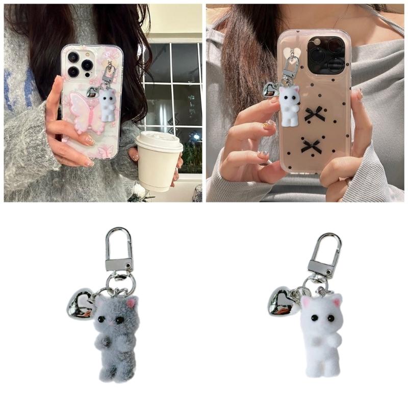 Flocking Cat Heart Keychain Lovely Decorations Keyring Ornament Backpack Handbag Charm Pendant Gift for Girls Women