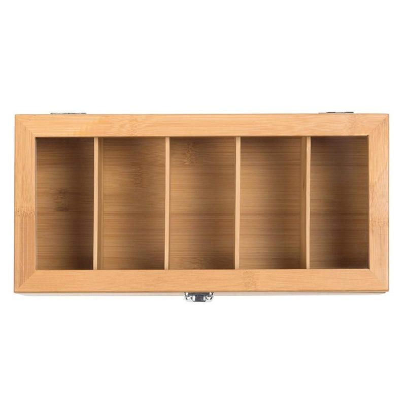 Bamboo Multi-Compartment Tea and Coffee Storage Box with Transparent Glass Lid - Desktop Organizer and Gift Box