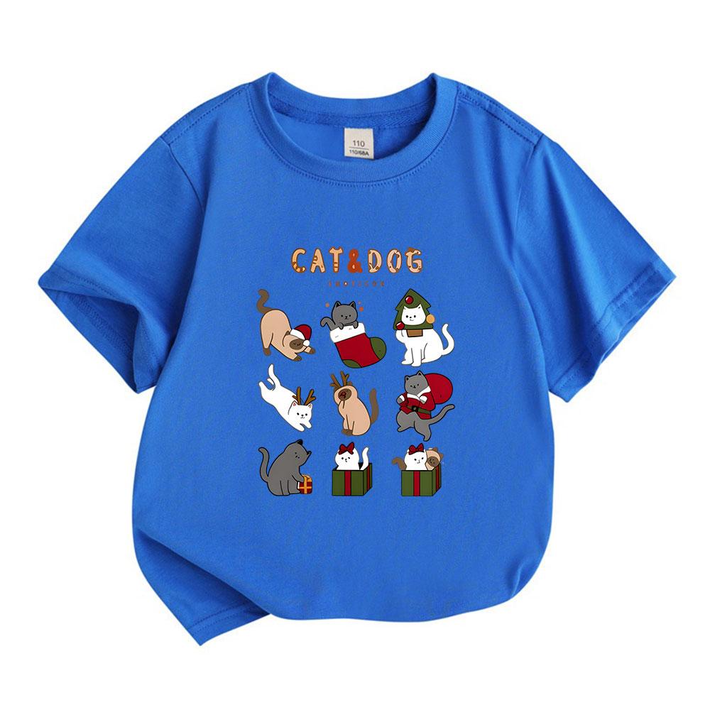 Kids Boys Girls 100% Cotton Crew Neck Short Sleeve T-Shirt, Cute Christmas Cats Collection Print Casual Soft Holiday Cartoon Tee for Children