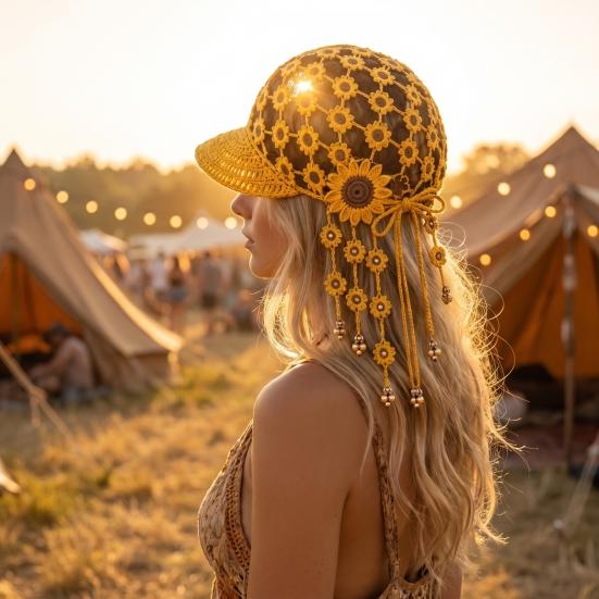 Breathable Summer Headwear Hand Crocheted Sunflower Baseball Cap, Bohemian Tassel Bell Hat, Handmade Knit Cutout Floral Spring Fashion Cap Beanie