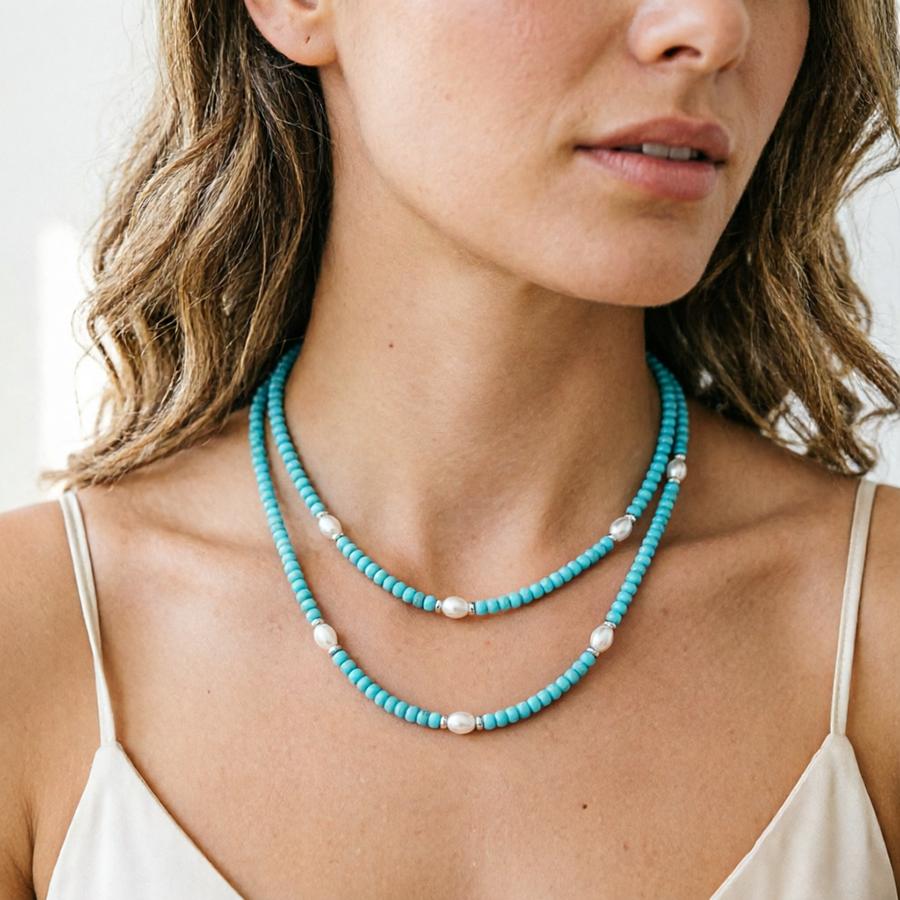 

2026 New Women Double Layered Necklace Summer Beach Casual Neck Accessories 4mm Howlite Beads 3 Colors Perfect Gift For Her синий