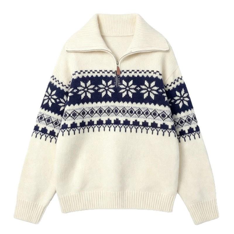 Womens Retro Fair Isle Knit Half-Zip Turtleneck Sweater Loose Oversized Winter Pullover