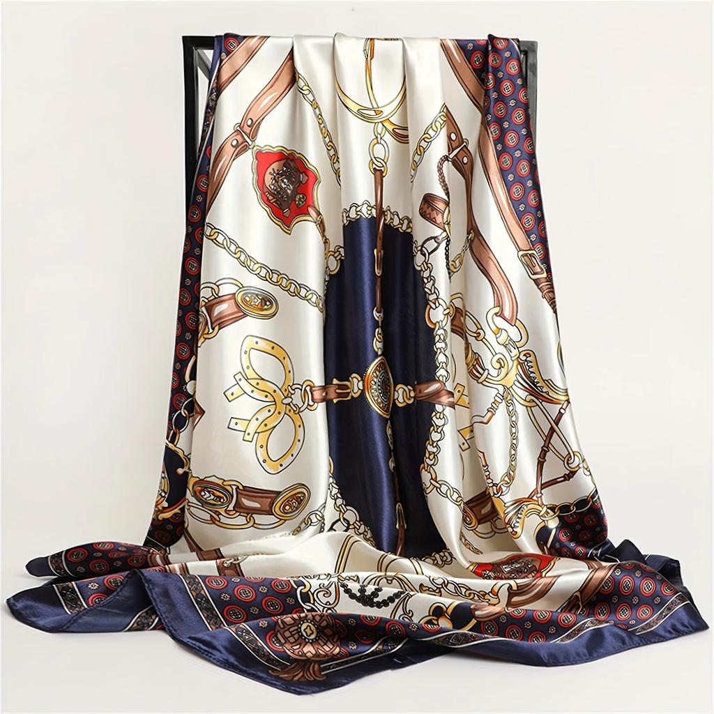 Chain Printed Square Hijab Scarf Stylish Thin Satin Shawl Elegant Style Sunscreen Headscarf For Women