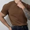 Men Summer Sport T-shirt Knitted Thread Elastic O Neck Slim Fit Solid Color Short Sleeves Pullover Workout Gym Training Top