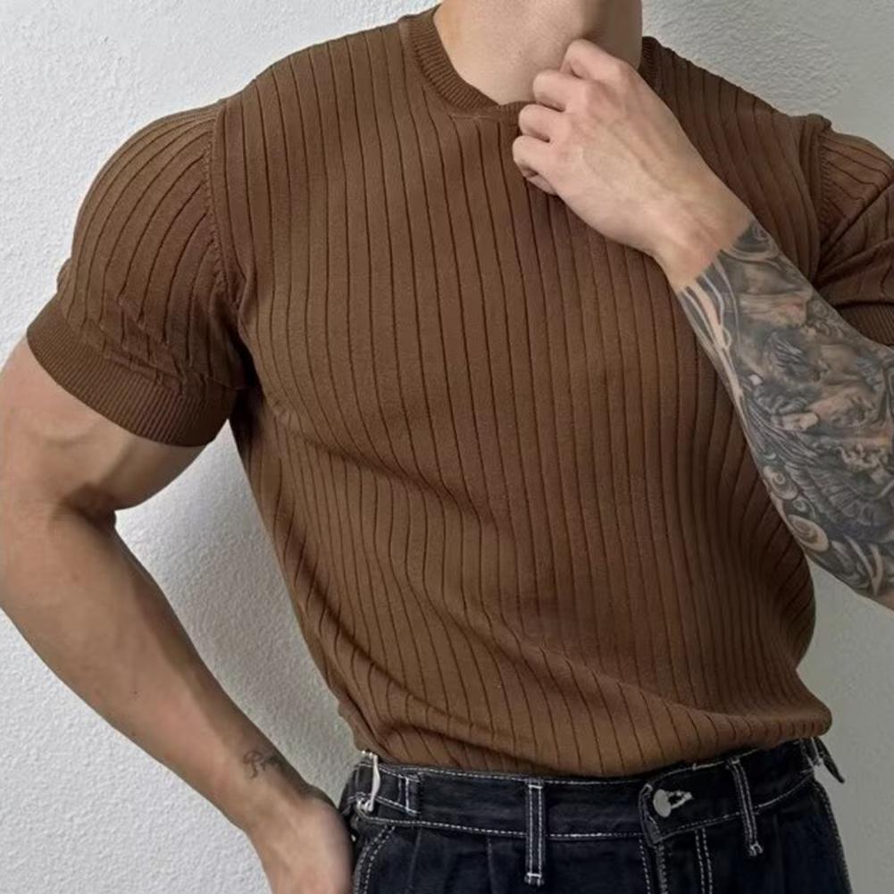 Men Summer Sport T-shirt Knitted Thread Elastic O Neck Slim Fit Solid Color Short Sleeves Pullover Workout Gym Training Top