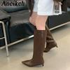 Aneikeh New Brown2026 Fashion Luxury Pointed Toe Ladies Long Knee Women Modern Boots Female Shoes Kitten Heels Western Boots