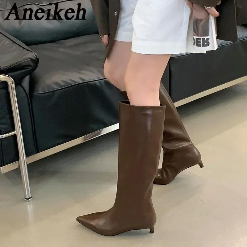 Aneikeh New Brown2026 Fashion Luxury Pointed Toe Ladies Long Knee Women Modern Boots Female Shoes Kitten Heels Western Boots
