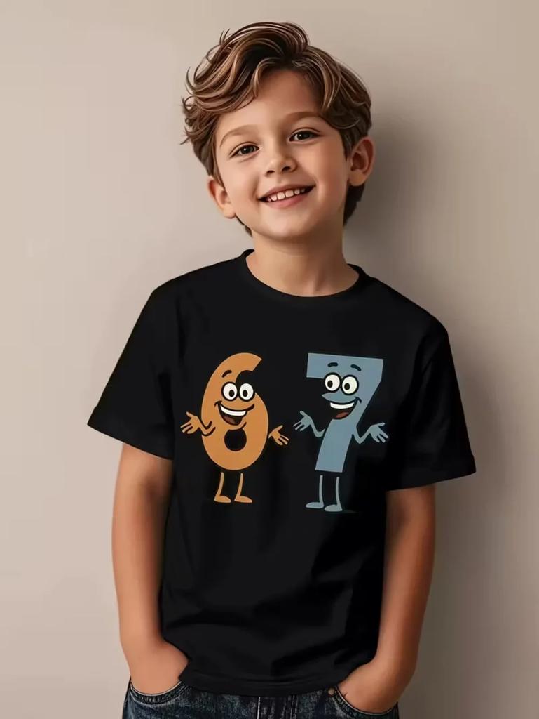 2026 67t Childrens Fun Number Summer ShortSleeve TShirt Cotton Loose and Comfortable Top Street Fashion Casual Stylish