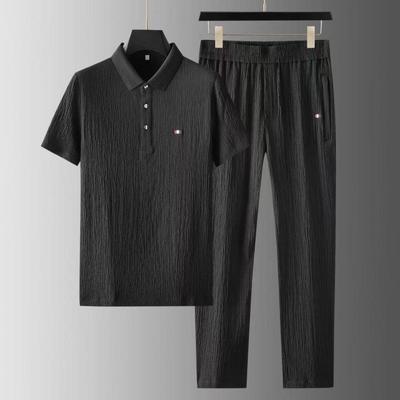 Tuta sportiva leggera traspirante estiva da uomo con colletto in piedi manica corta + pantaloni lunghi set da 2 pezzi