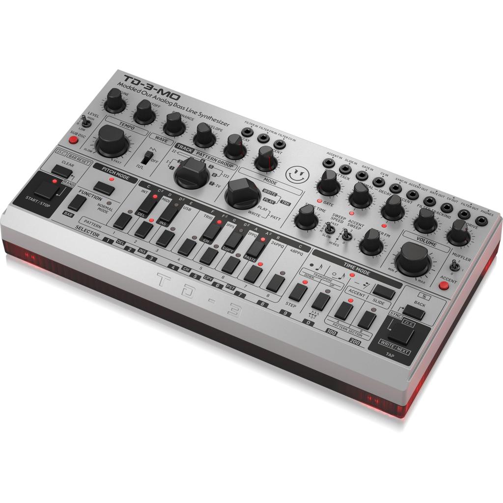 Behringer Analog Bassline Synthesizer TD-3-MO-SR Modded Out USB DIN MIDI VCF MIDI CC Control Sub-Oscillator Overdrive 16-Step Sequencer Silver