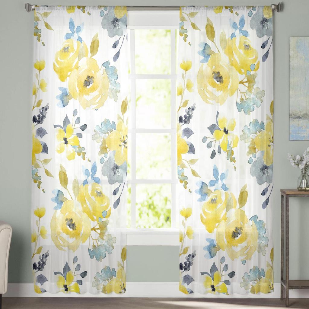 Watercolor Yellow Abstract Flower Sheer Voile Window Curtains Tulle Curtains Living Room Balcony Decoration Drapes
