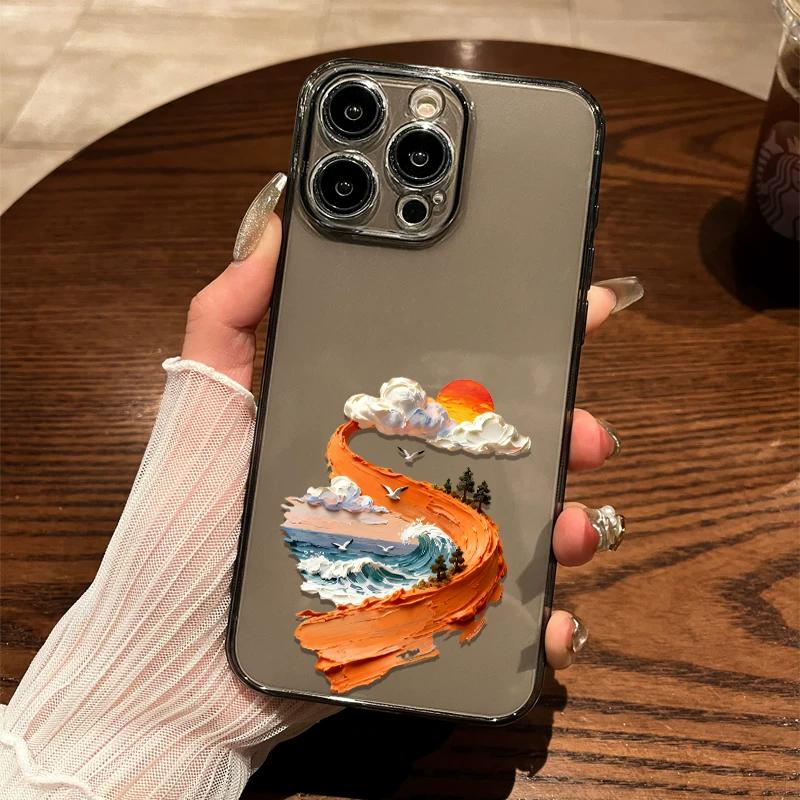 

3D Oil Painting Ocean Wave Sunset Road iPhone Case for 15/14/13/12 - Artistic Protective Cover iPhone 13 PRO MAX чёрный