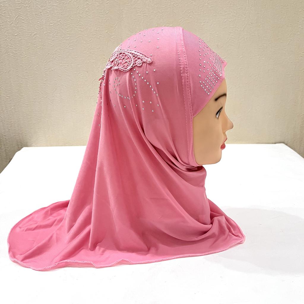 Luxury Instant Hijab Headscarf Fit 2-6 Years Old Girls Muslim Hijab Hat Islam Scarf Embroidery Rhinestone Full Cover Turban Caps