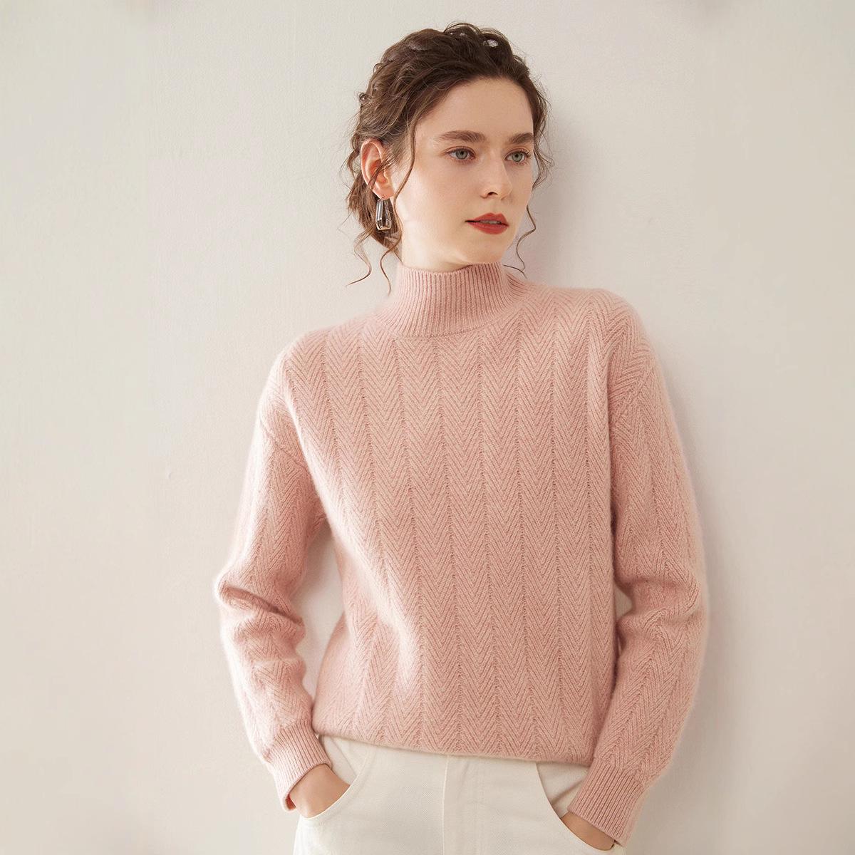 

Women s Thick Warm Cable Knit Cashmere Sweater with Half-High Neck S