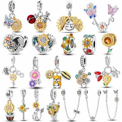 Nye kobberblomst-charms Solblomst-serie Evig kjærlighet Hjerteperler Passer til originalt armbånd DIY-smykker Gave til kvinner