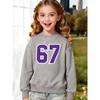European sizes Kids' Round-Neck Pullover Sweatshirt Features a Striking Purple '67' Print on The Front, for a Visually Appealing Minimalist Design.