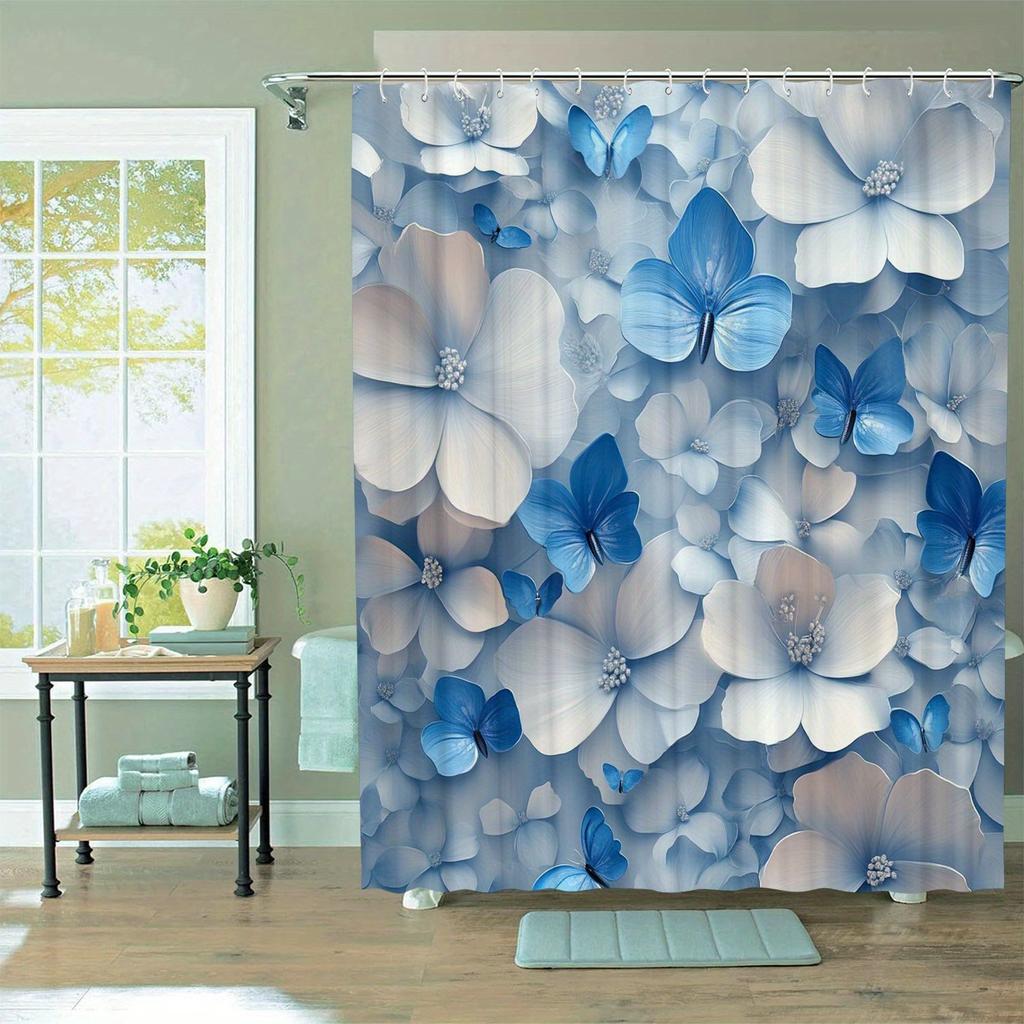 Floral Theme Shower Curtain 12 Hooks Suitable For Room Home Hotel Machine Washable Curtains Bathroom One Piece