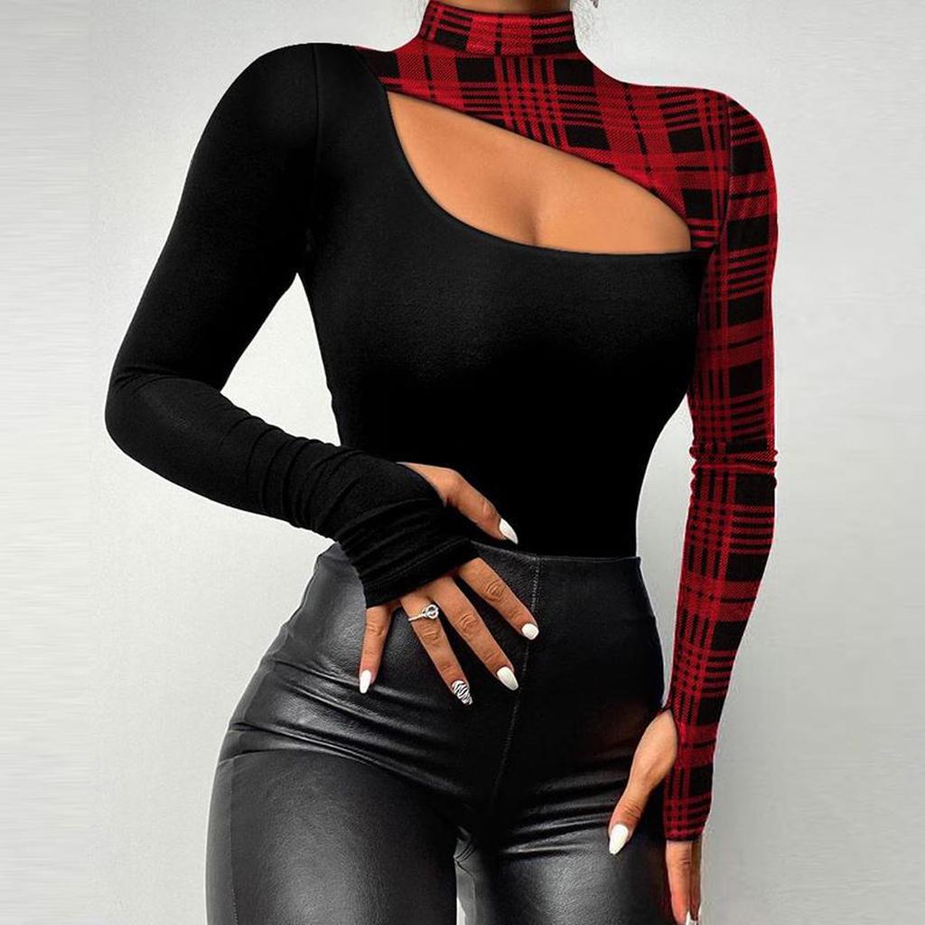 Damen-Langarm-Shirts, schlank, kontrastierend, kalte Schulter, sexy T-Shirt, lässige Schicht-T-Shirts