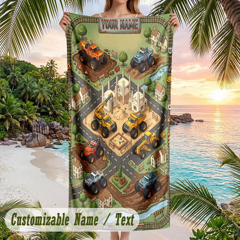 Construction Vehicles Theme Beach Towel Personalized Custom Name & Text Soft Quick Dry Beach Towel for Swimming Travel