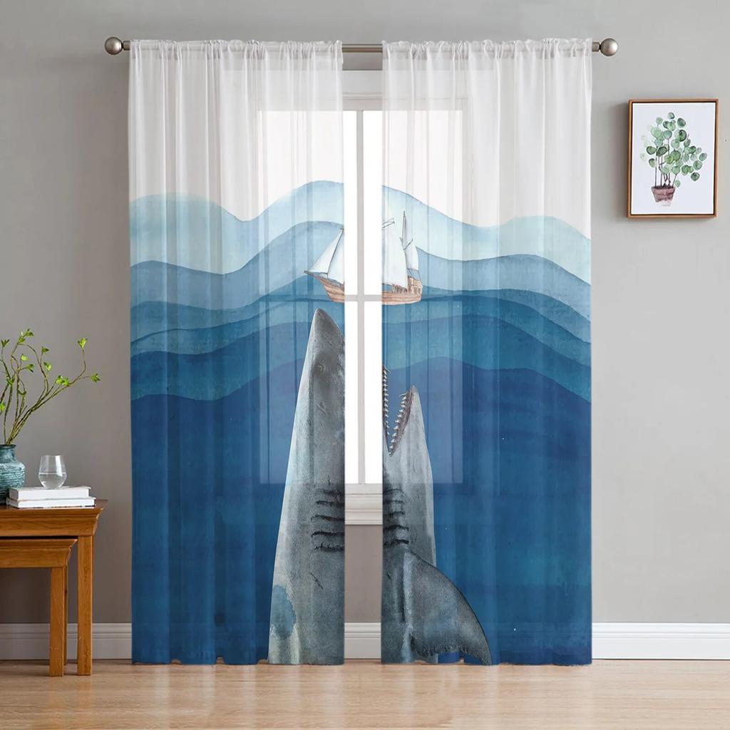 Hai-Silhouette-Vorhang, Fenster-Tüll für Wohnzimmer, Schlafzimmer, Küche, Fenster, Dekoration, Vorhänge