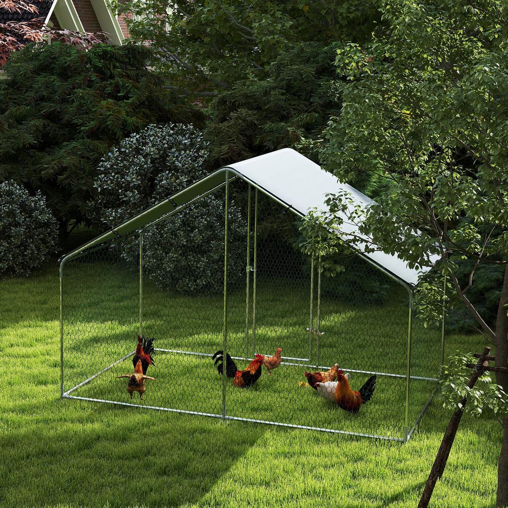 Chicken run for 5 - 8 chickens, roof panels, lockable door, steel frame, 5.1 m², 3 x 1.7 x 1.9 m