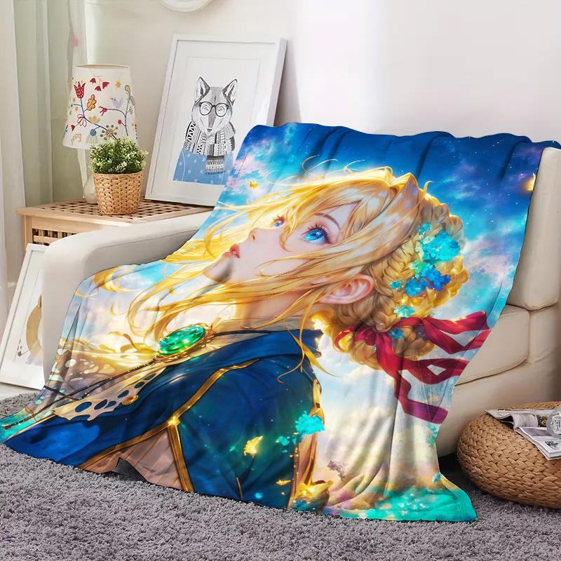 Violet Evergarden Anime Flannel Throw Blanket, Soft Blanket for Sofa Bed, Violets Starry Sky Portrait Print Home Decor