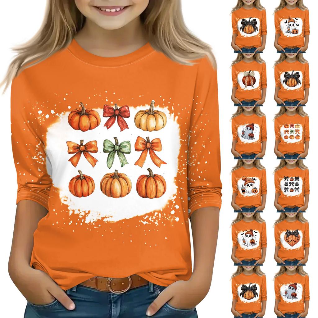 Print topper for ungdom jenter 5-16 år rund hals 3/4 ermer T-skjorter Trendy topper antrekk T-skjorter