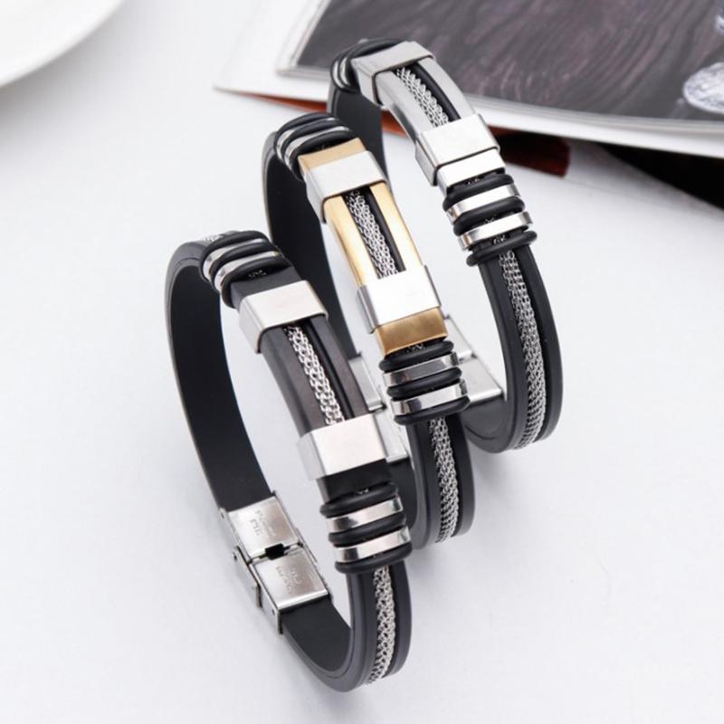 Man Bracelets Stainless Steel Casual Adjustable Bracelet For Men Waterproof Silicone Bangles Black Wristband Punk Trendy Jewelry