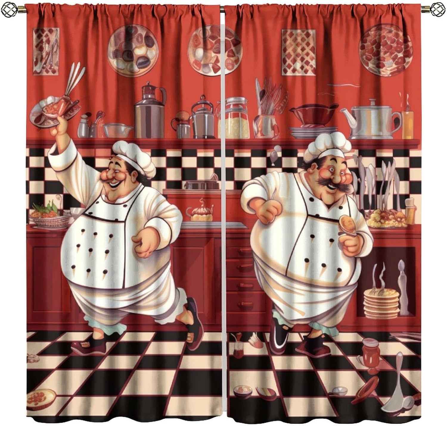 

Rustic Kitchen Curtains, Farmhouse Watercolor Kitchenware Vegetable Fruit Bakery Utensil Window Drapes For Dining Room W60H190(CM)-1 Pcs