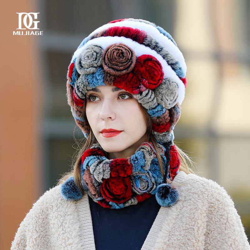 

Шапка Женская Зимняя Новая из Кролика Рекс Утолщенная и Теплая Зимняя Универсальная и Милая Меховая Шапка Шарф Hat+Scarf Set