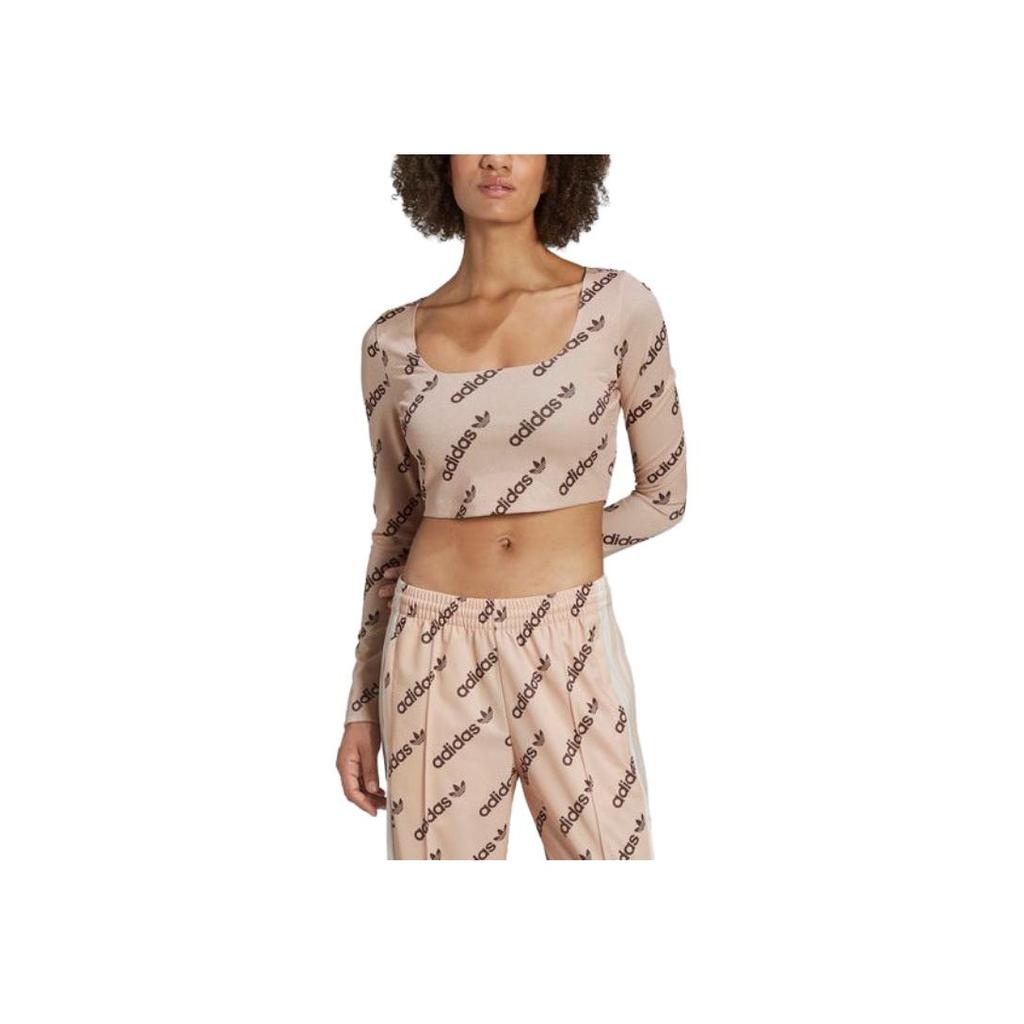 Adidas Camiseta Deportiva Vintage de Manga Larga Ajustada con Cuello en U y Estampado de Logo Originals para Mujer Beige HM4893