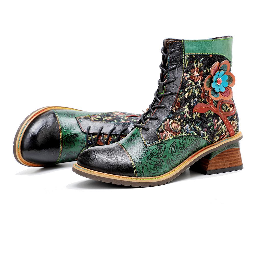 Johnature Plateaustiefel aus echtem Leder, Schnür-Damenschuhe, Blumenmuster, runde Zehen, Nähen, Prägung, Stiefeletten