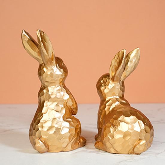 2Pcs Easter Bunny Ornament Carved Golden Rabbit Resin Figurine Animal Statue Home Office Holiday Party Desktop Decoration