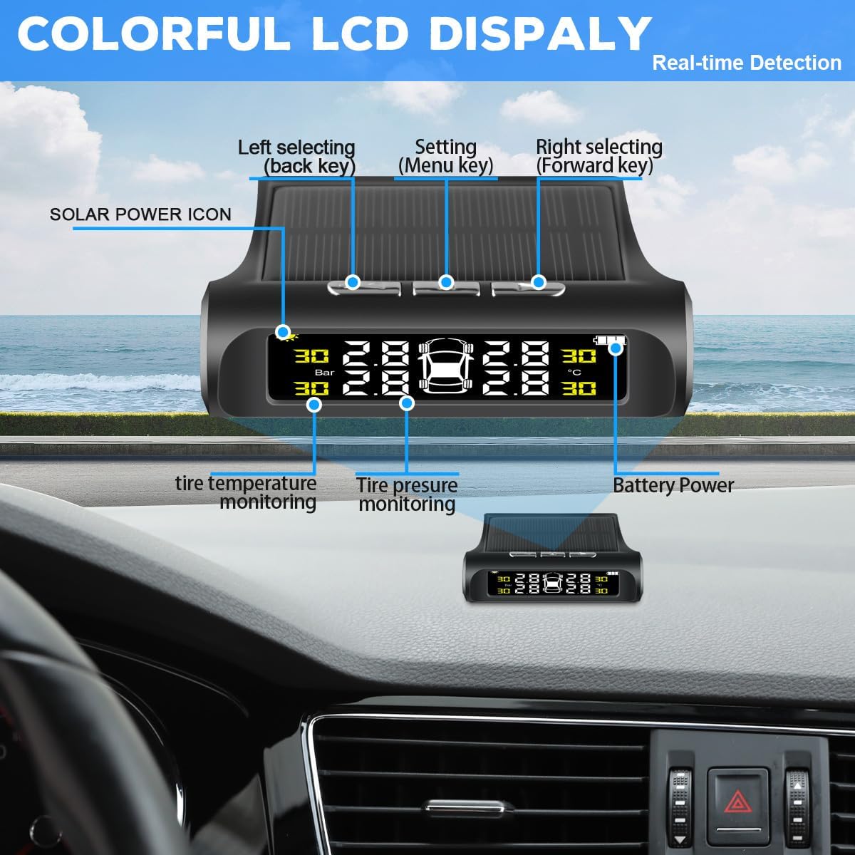 

Tire Pressure Monitoring Systems - TPMS Wireless Tire Monitor with Solar Charger 6 Alarm Modes LCD Display Pressure and Temperature Alarm Auto Safety