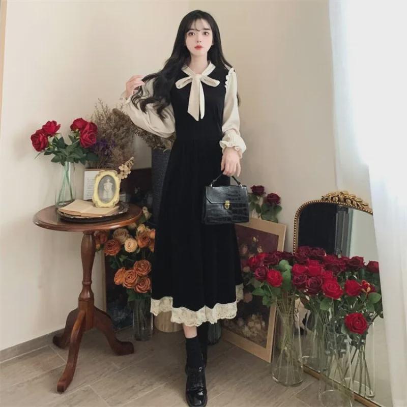 Sukienka z aksamitu z retro francuską kokardą i wysokim stanem - Kolekcja Wiosna i Jesień 2024