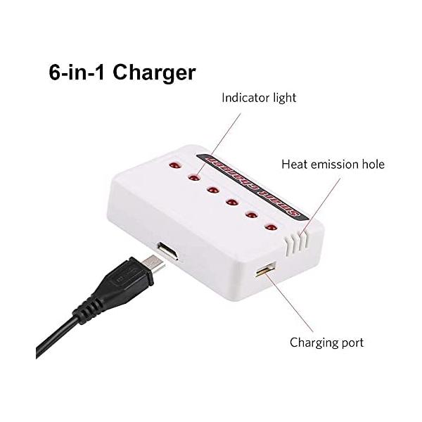 6-in-1 USB Charger for Lithium Batteries | Compatible with Hubsan H107D, Syma X5C, RC Helicopters | Overcharge Protection, White, Plastic