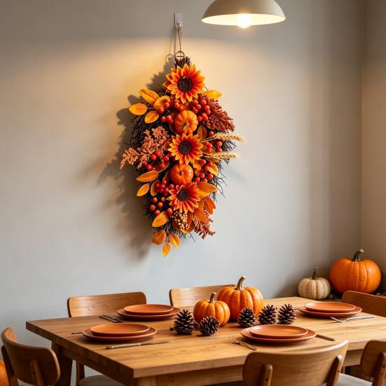 Reusable Autumn Harvest Ornament Fall Sunflower Swags Wreath, Maple Leaves And Berries Hanging Decor Artificial Wreath for Front Door Seasonal