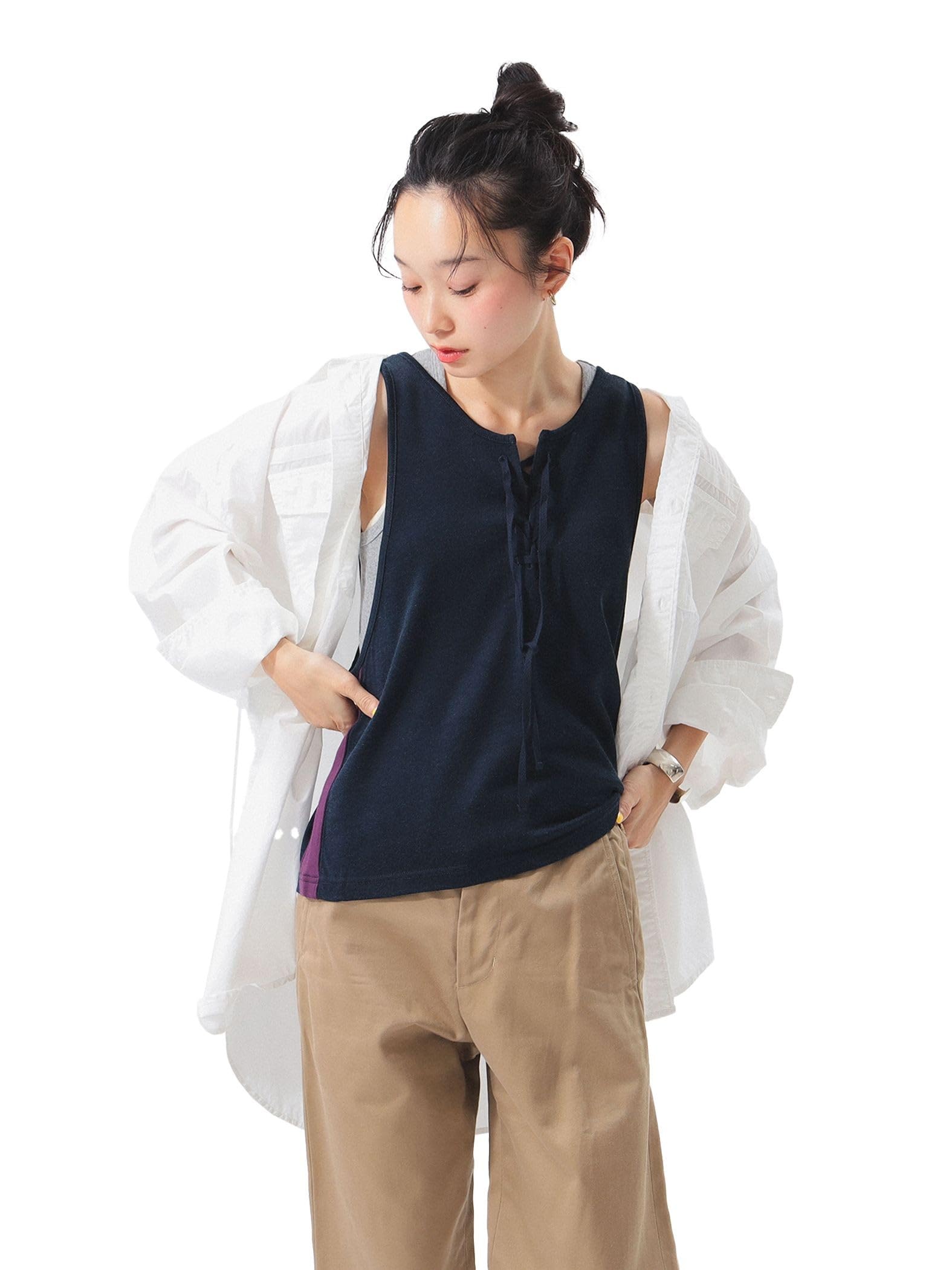 

Beams Boy S/S ФУТБОЛКА Майка на шнуровке Женская Темно-синяя Свободный размер