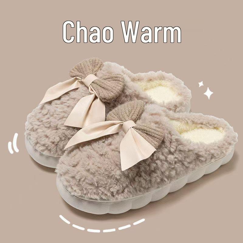 

Женские зимние флисовые тапочки с пушистым бантом - Уютная домашняя обувь на толстой подошве 40-41 (size down recommended)