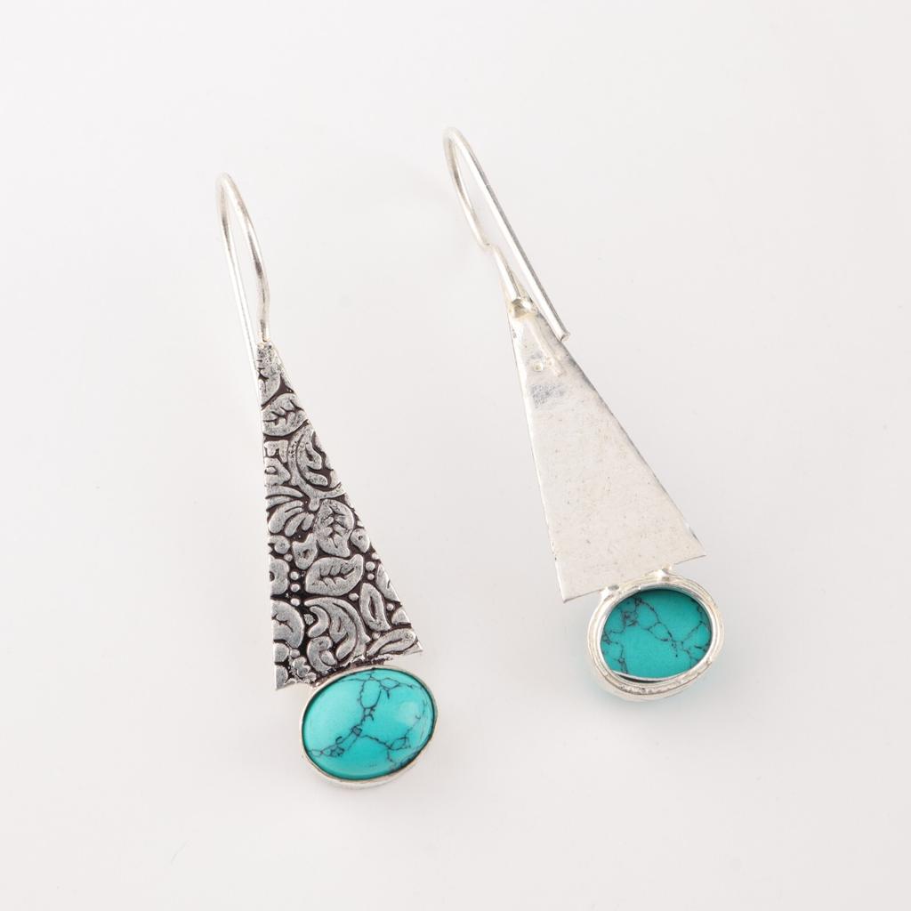 Natural Blue Turquoise Gemstone 925 Sterling Silver Women Handmade Earrings 1.9" EE-165-23