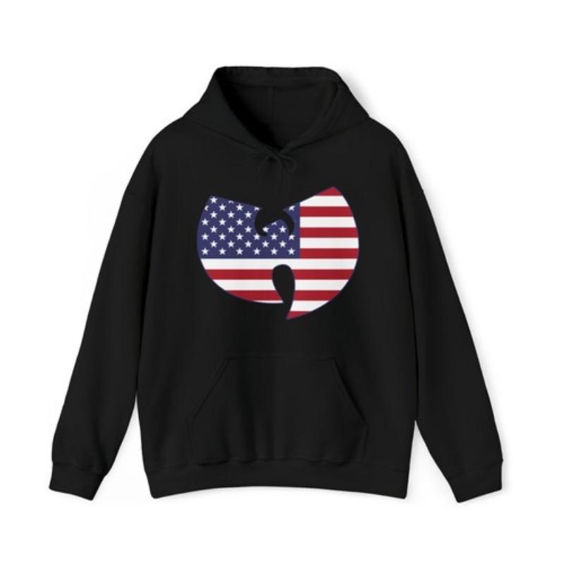 Felpa con Cappuccio Grafica Wu Tang Clan Double Sided Piccolo Stemma sul Petto Stampa Logo Grande sul Retro Felpa con Cappuccio Vintage Anni '90 Hip Hop Casual Streetwear Top Unisex