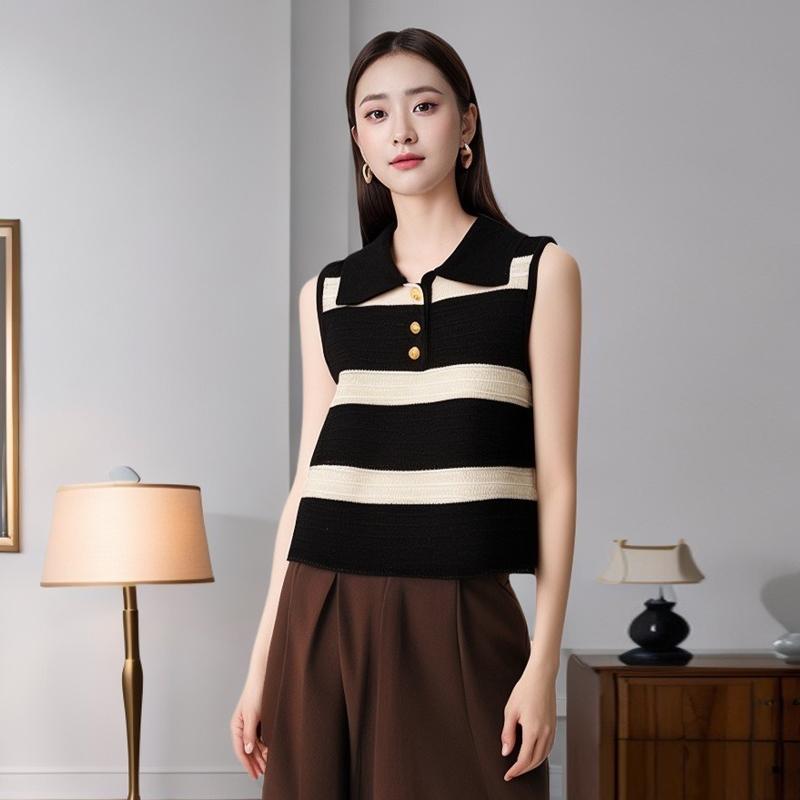 French Retro Striped Vest Women Lapel Casual Versatile Sleeveless Knitted Top one size