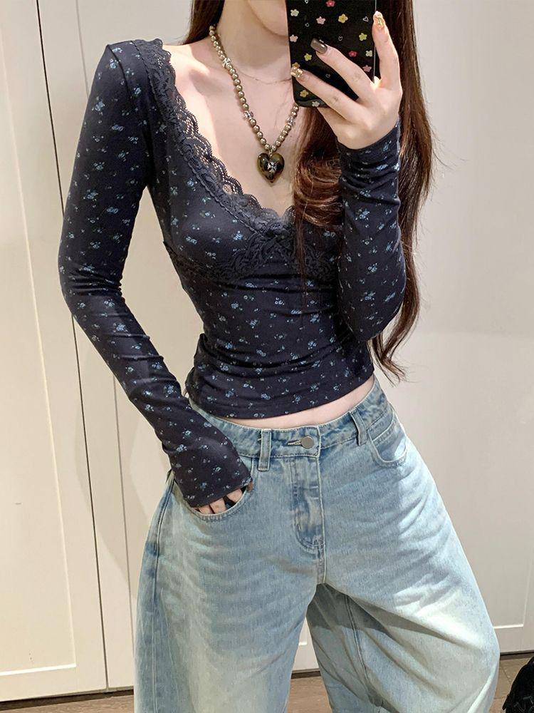 Women's American Floral Slim Fit Long Sleeve Top - Trendy, Versatile Base Layer for Spring & Autumn